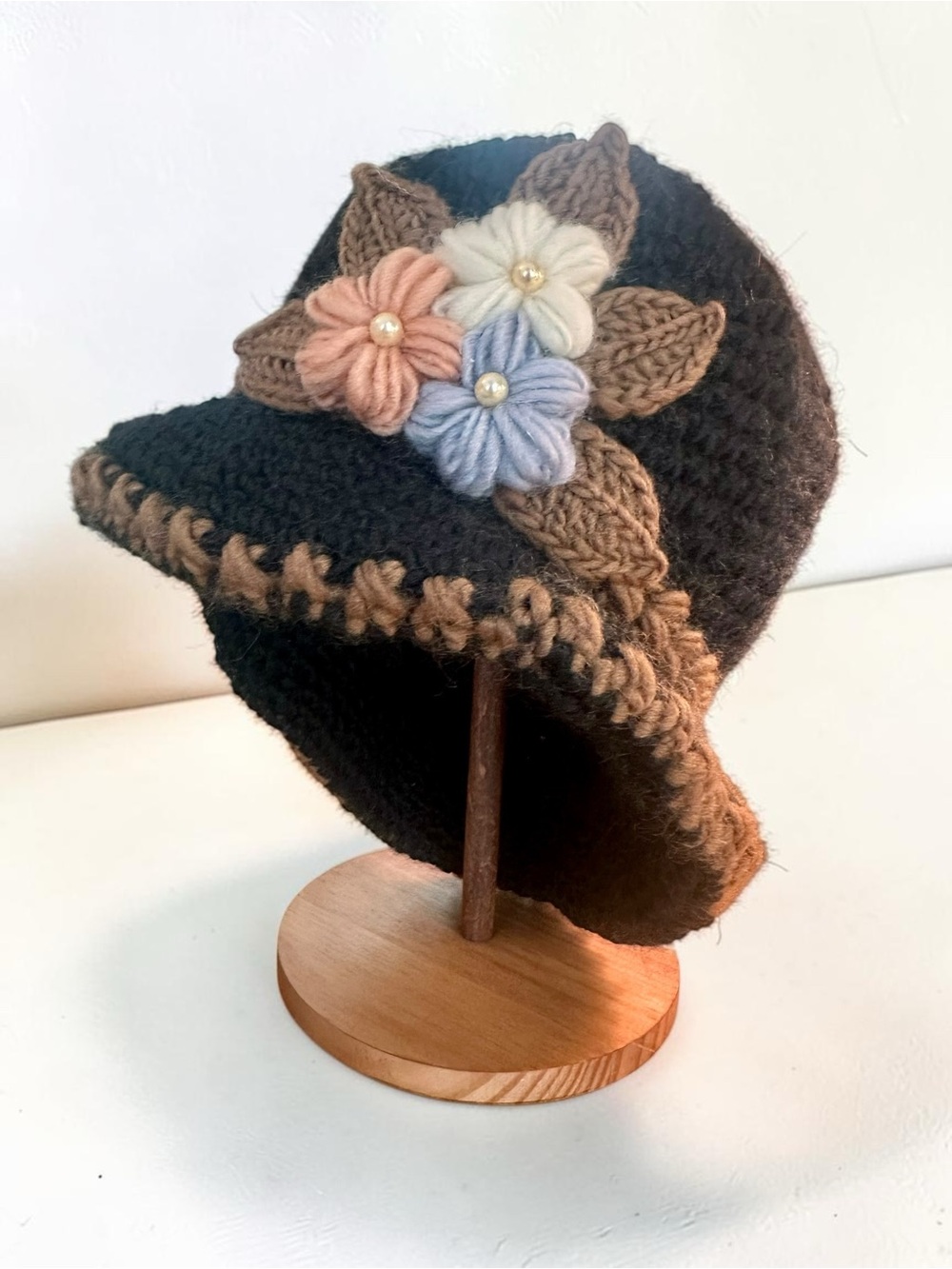 Black Crochet Cloche Hat with Floral Accent